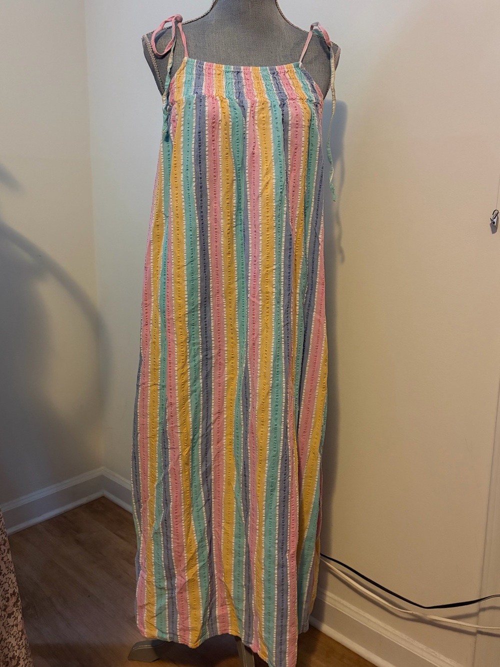Seersucker Pastel Rainbow Stripe Tie-Shoulder Cotton Maxi Dress